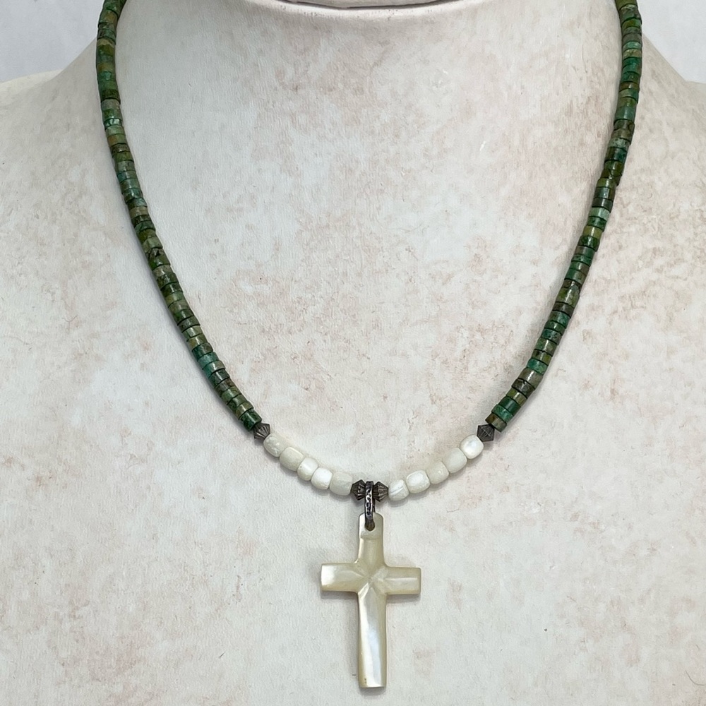 Antique carved Mother of Pearl cross necklace